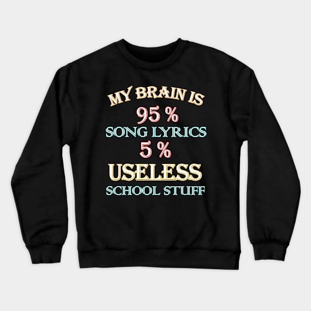 My Brain is 95 % Song  Lyrics 5 % Useless School Stuff Crewneck Sweatshirt by Eva Wolf